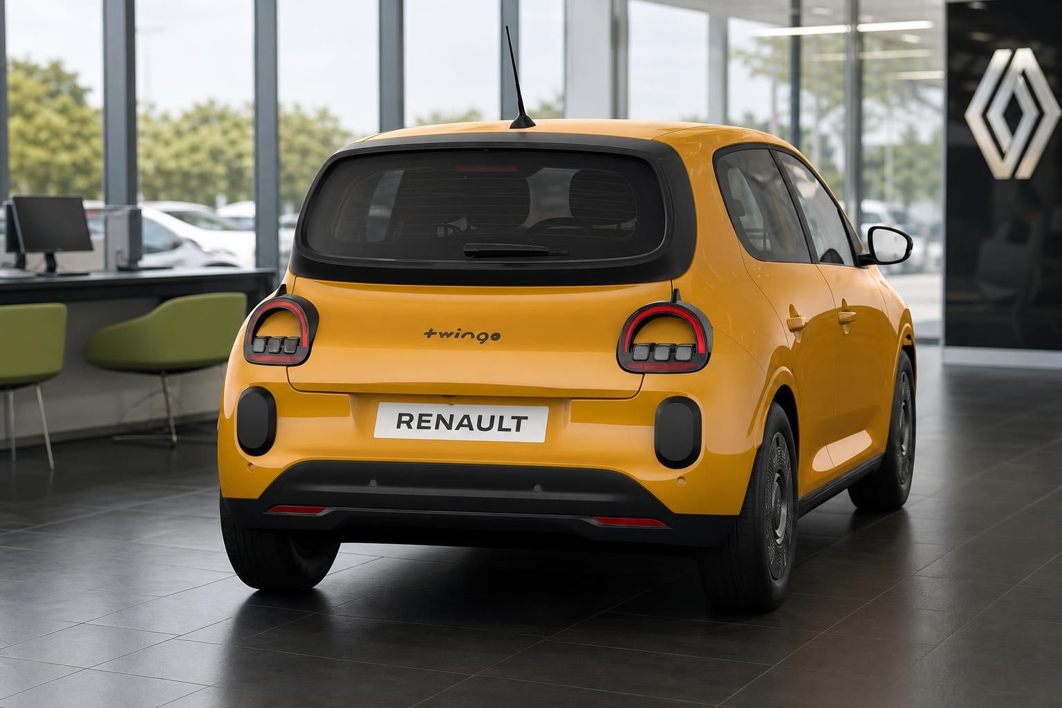 Renault Twingo gelb, Heckansicht mit Kennzeichenhalter im Showroom