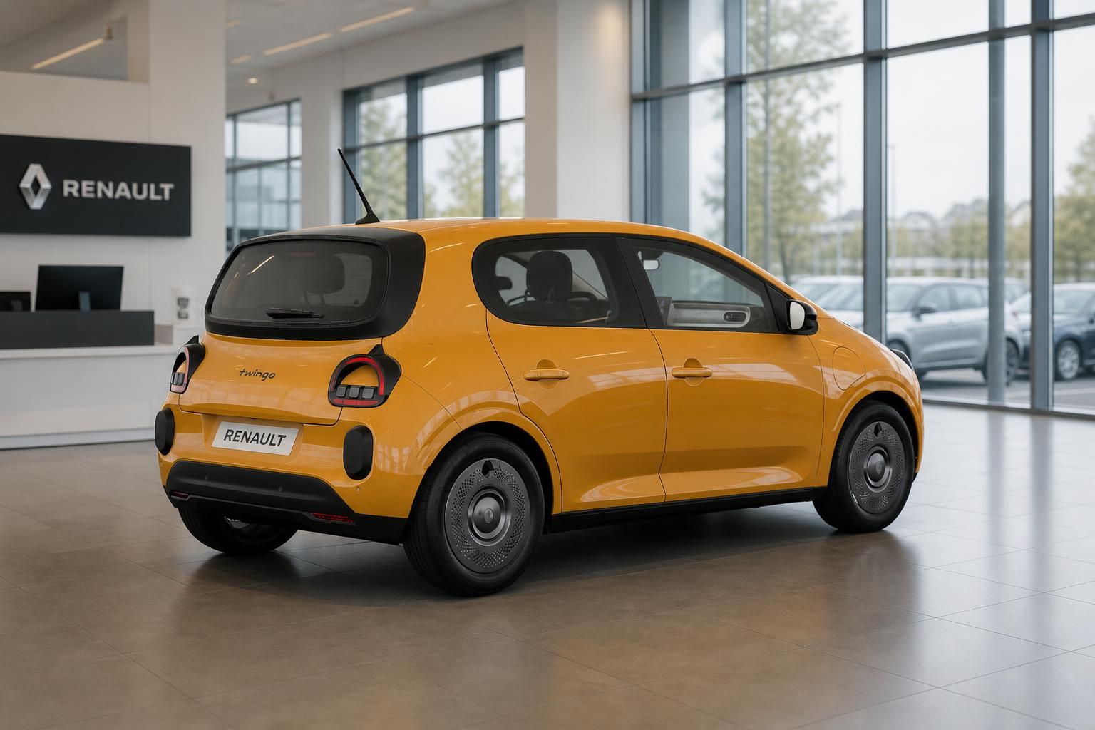 Renault Twingo in Gelb, Heckansicht im Autohaus-Showroom