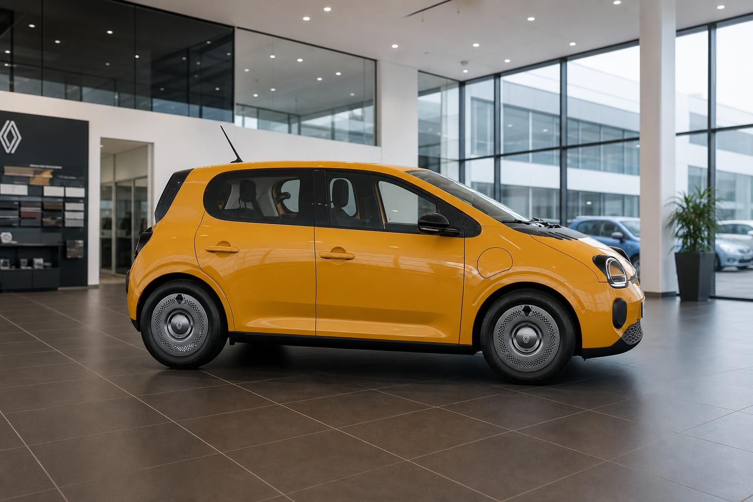 Renault Twingo gelb, Seitenansicht im modernen Autohaus