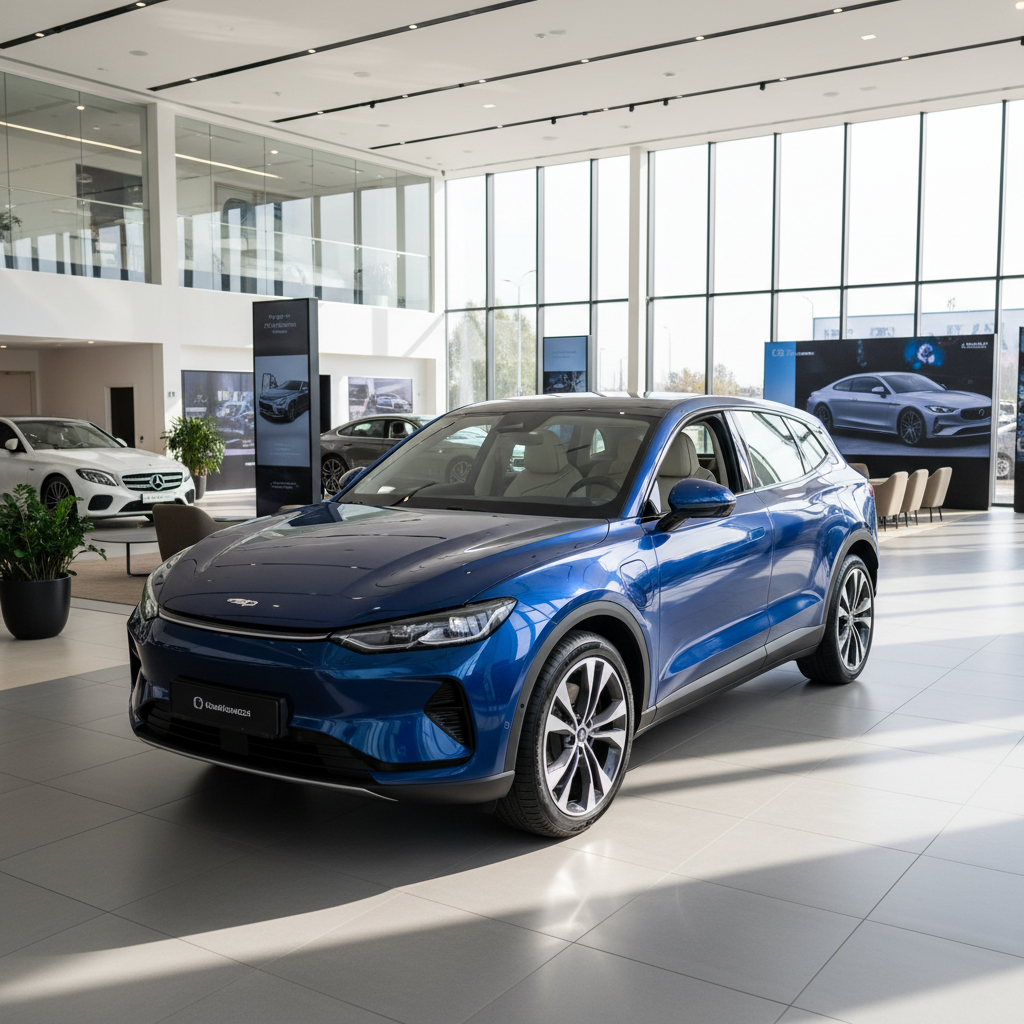 Blauer Elektro-SUV im modernen Autohaus-Showroom mit großen Fensterfronten