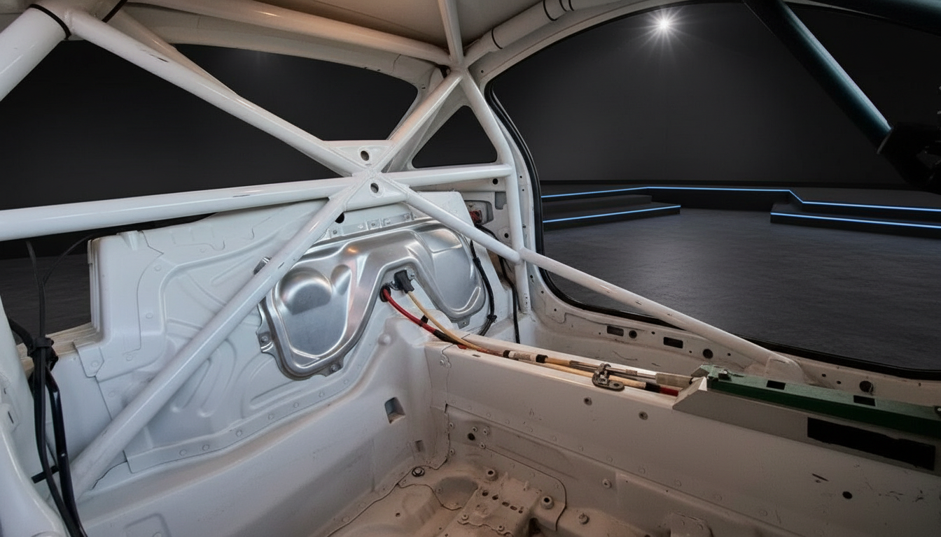 Fahrzeuginnenraum mit weißem Überrollkäfig und freiliegender Karosserie – Rennwagen Umbau