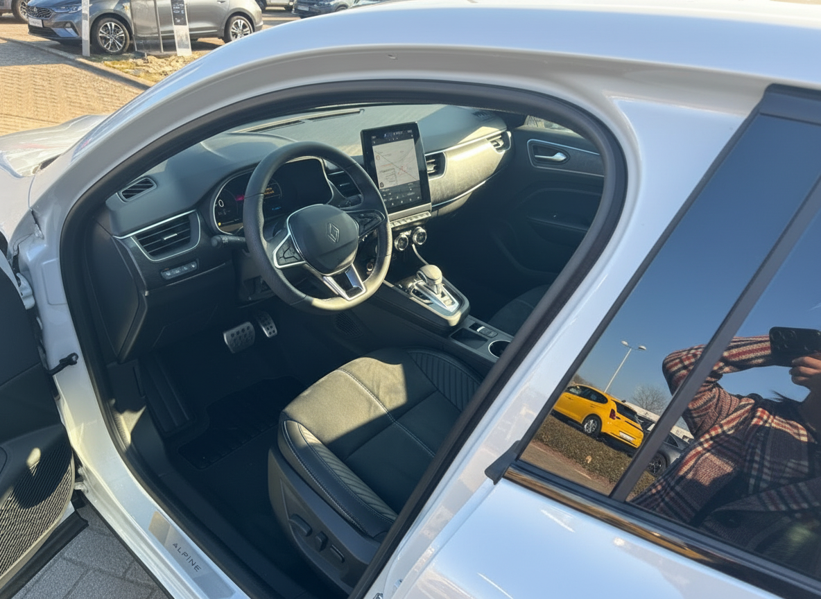 Renault Clio Alpine Innenraum mit schwarzem Leder, Touchscreen-Navigation und Automatikgetriebe