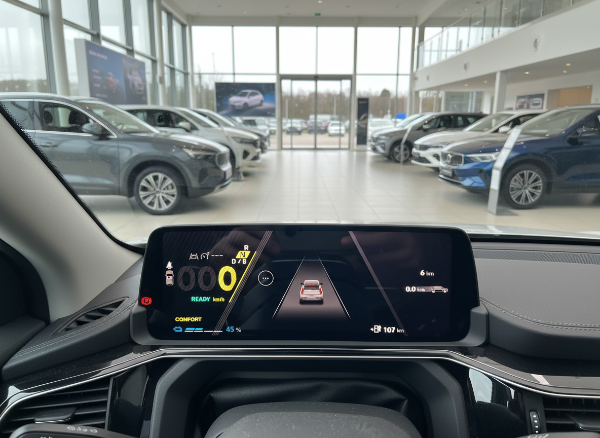 Elektrofahrzeug Innenraum mit digitalem Kombiinstrument im Autohaus-Showroom