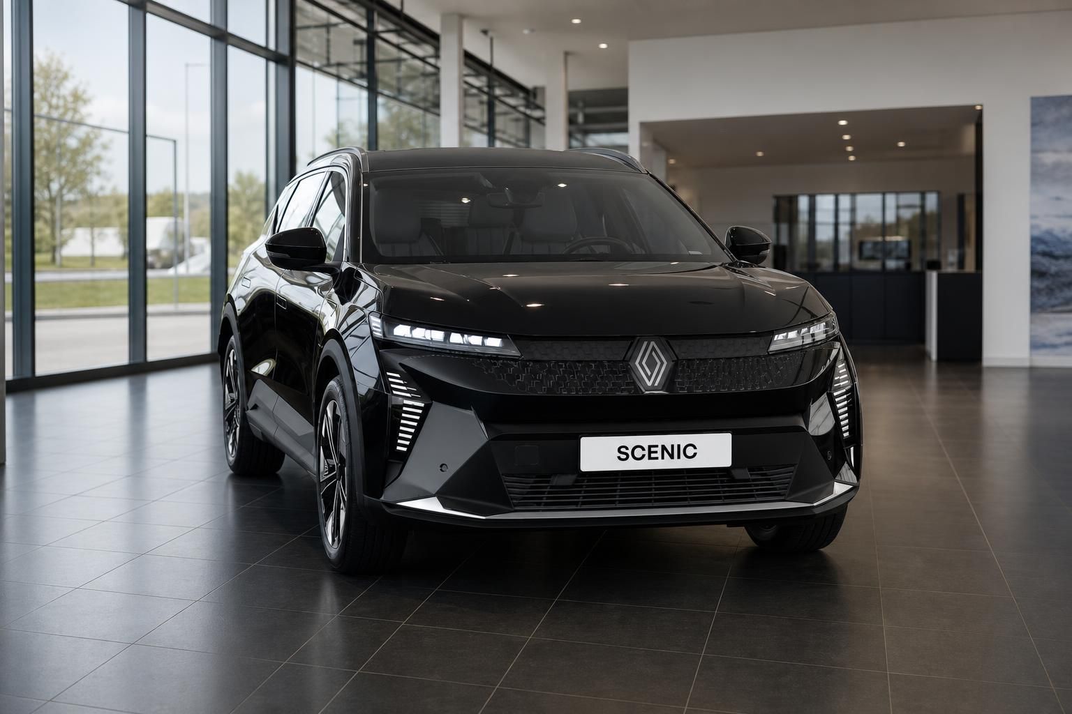 Renault Scenic schwarz Frontansicht in modernem Autohaus