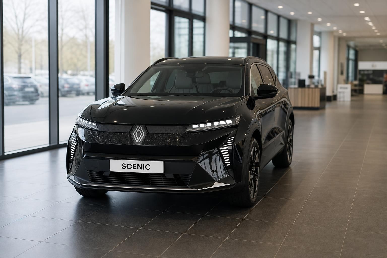 Renault Scenic schwarz Frontansicht im Autohaus Showroom