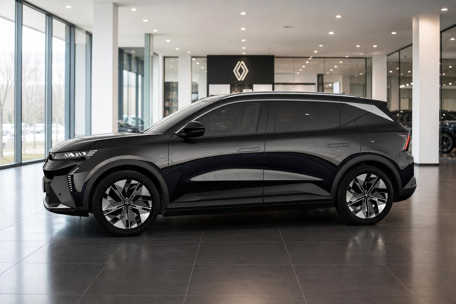 Renault Scenic in Schwarz, Seitenprofil im Showroom