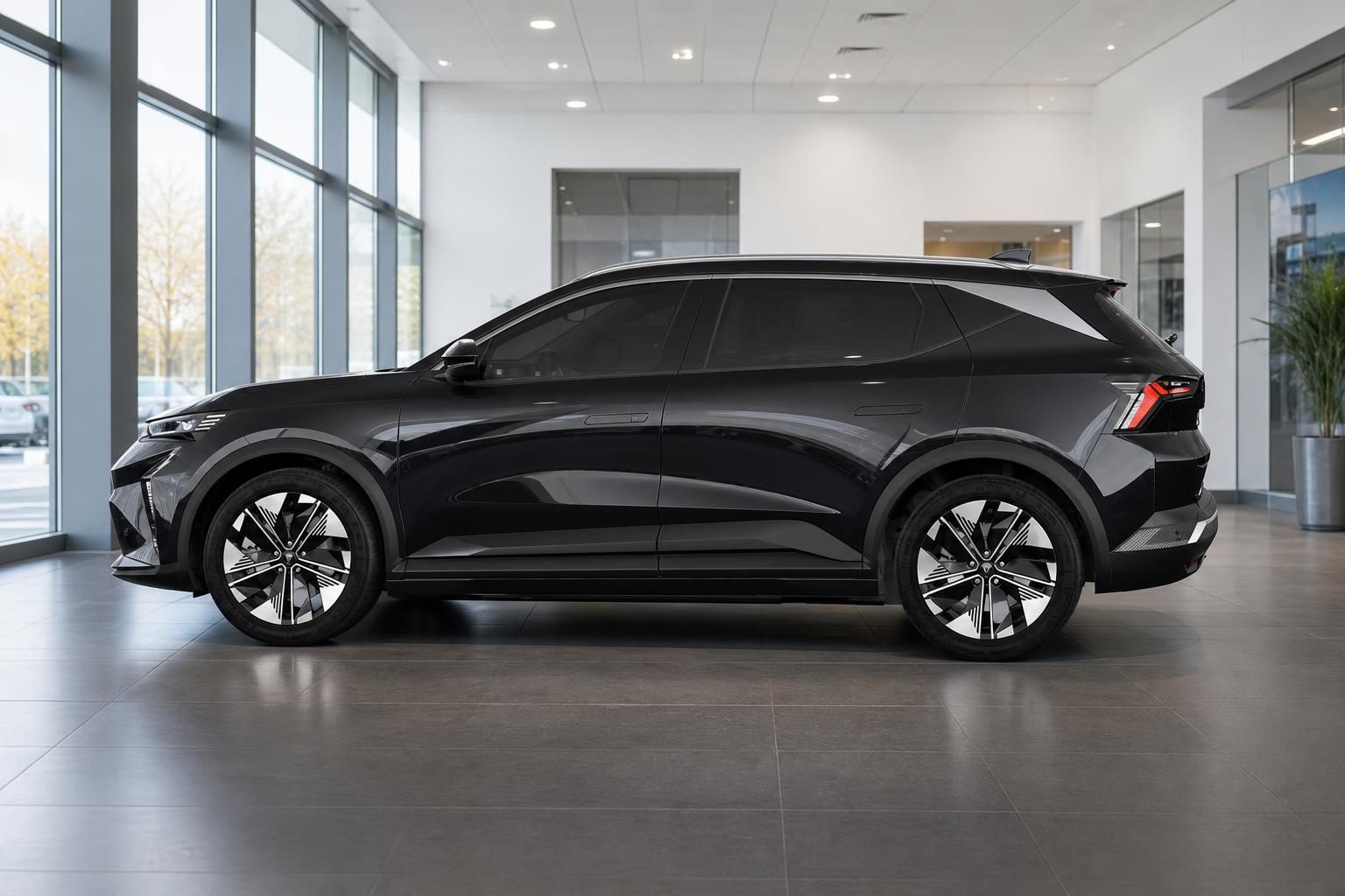 Renault Scenic in Schwarz, Seitenansicht im Autohaus-Showroom