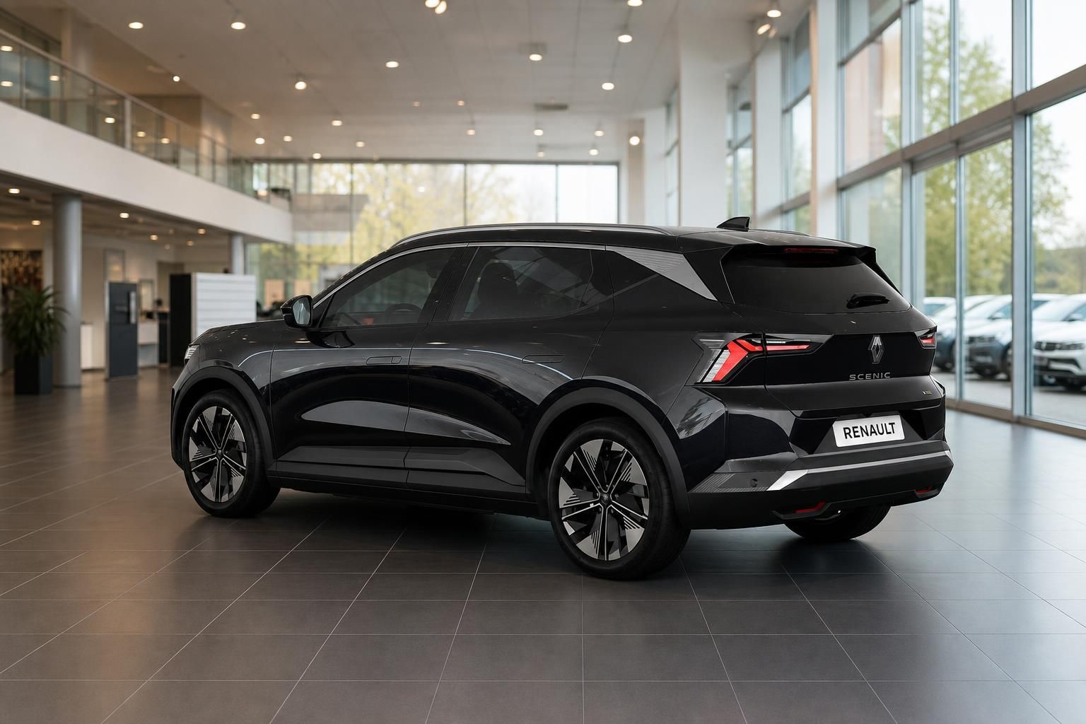Renault Scenic in Schwarz, Heck-Seitenansicht im Showroom