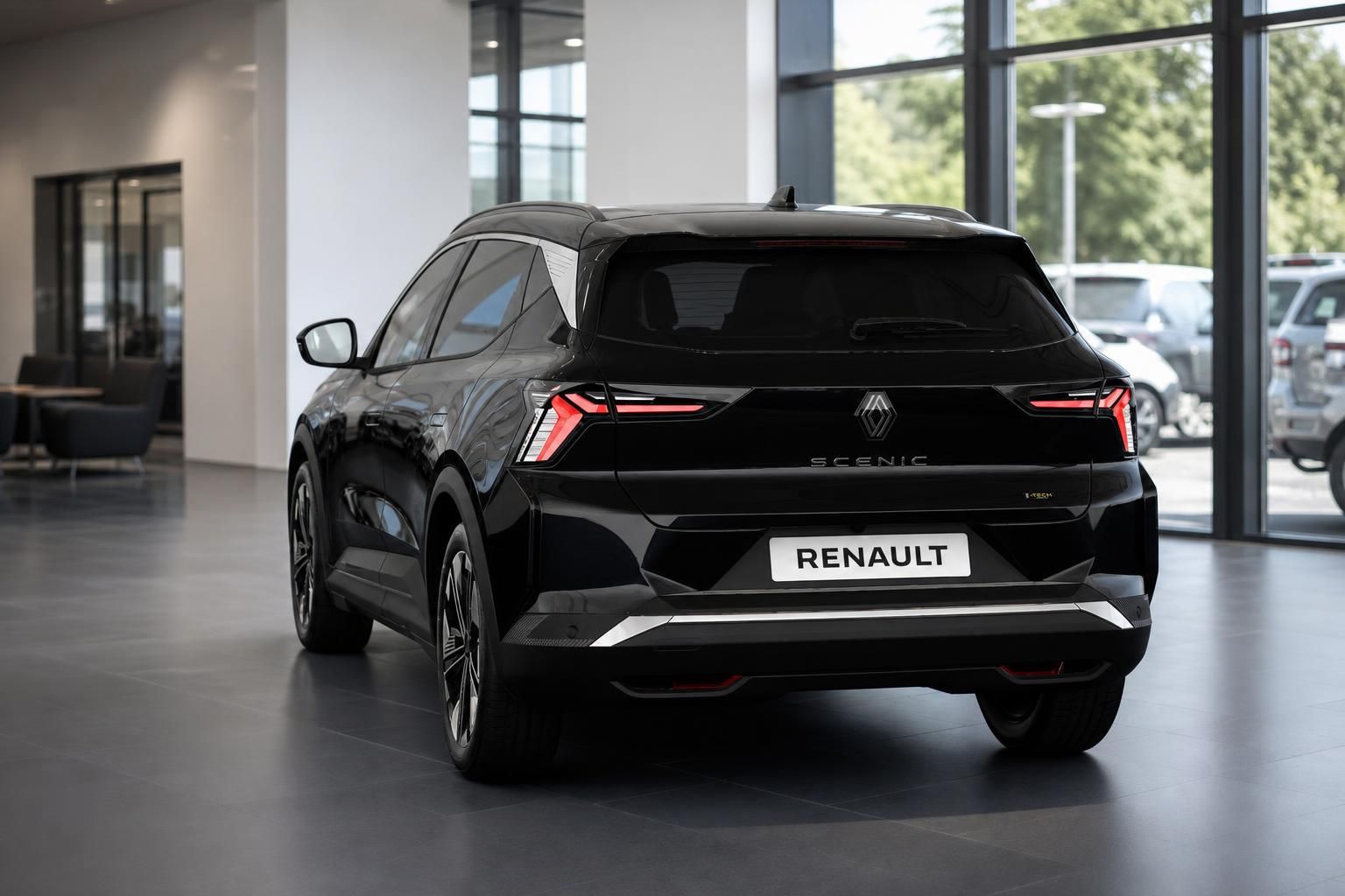 Renault Scenic schwarz, Heckansicht mit Renault-Kennzeichenhalter
