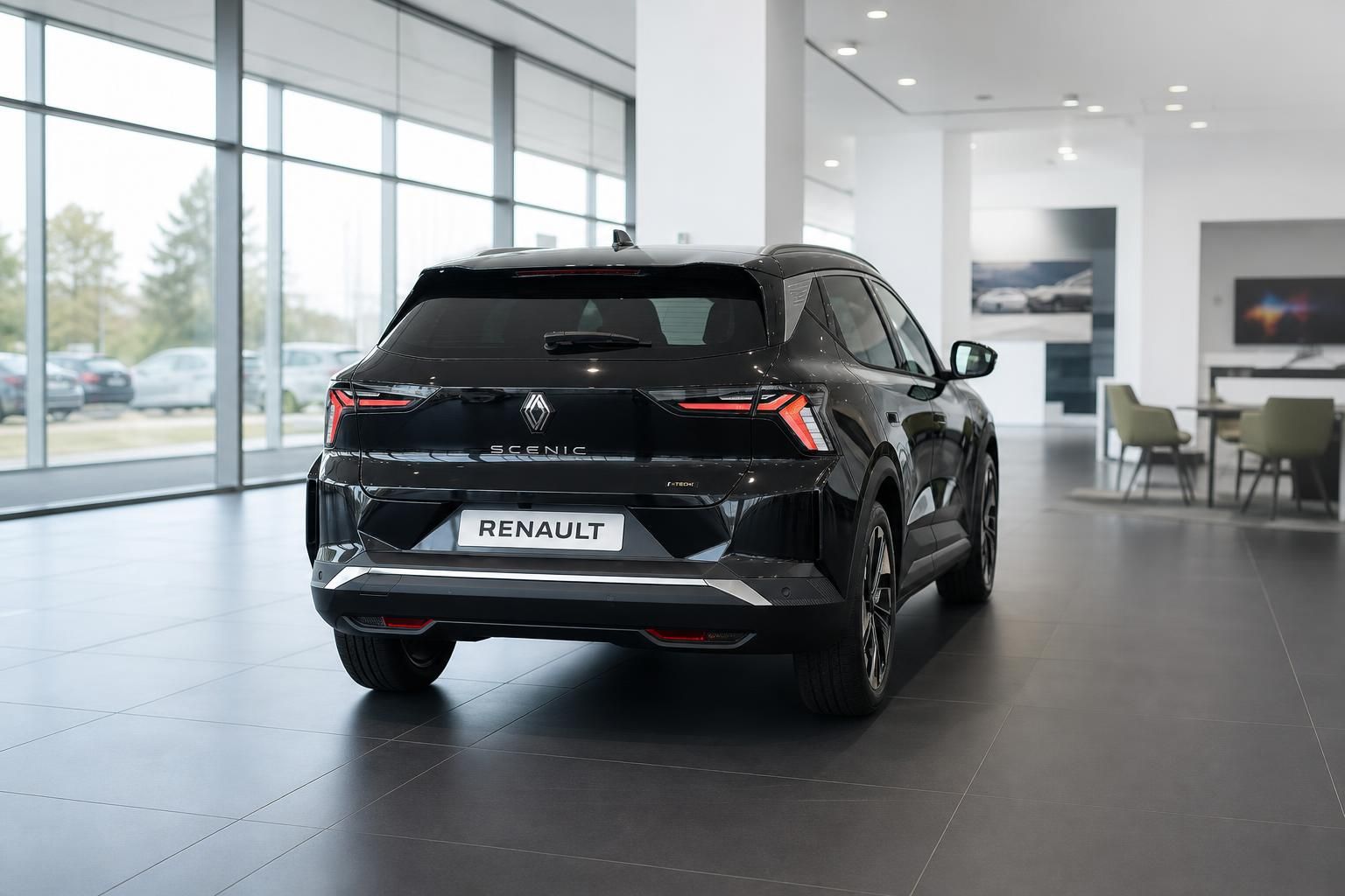 Renault Scenic schwarz, Heckansicht im Autohaus mit Renault-Kennzeichenhalter
