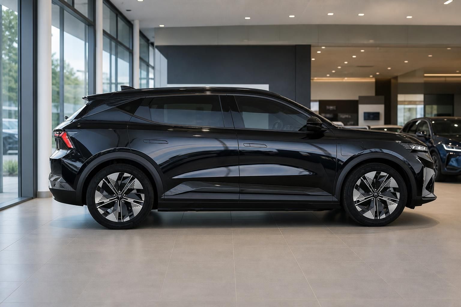Renault Scenic in Schwarz, Seitenansicht im Autohaus-Showroom