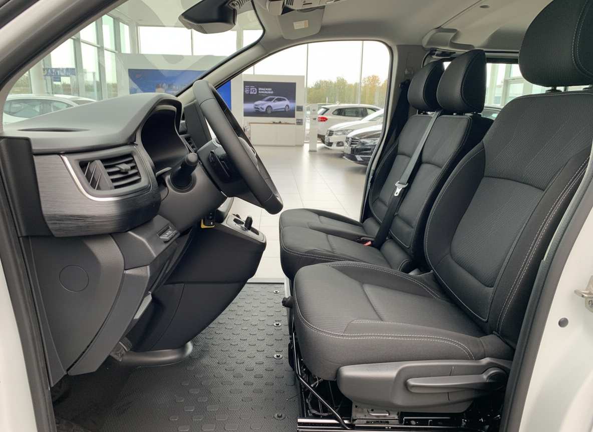 Fahrzeuginnenraum mit schwarzen Stoffsitzen und modernem Cockpit in weißem Van