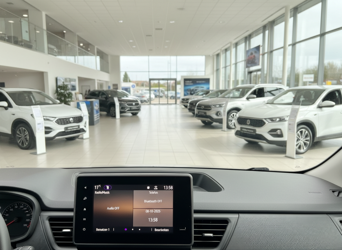 Volkswagen Autohaus Innenraum mit mehreren VW SUV Modellen auf dem Ausstellungsparkett