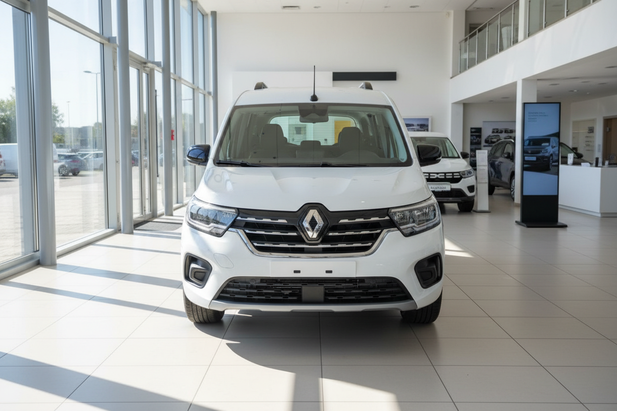 Weißer Renault Kangoo Van Frontansicht im Autohaus Showroom