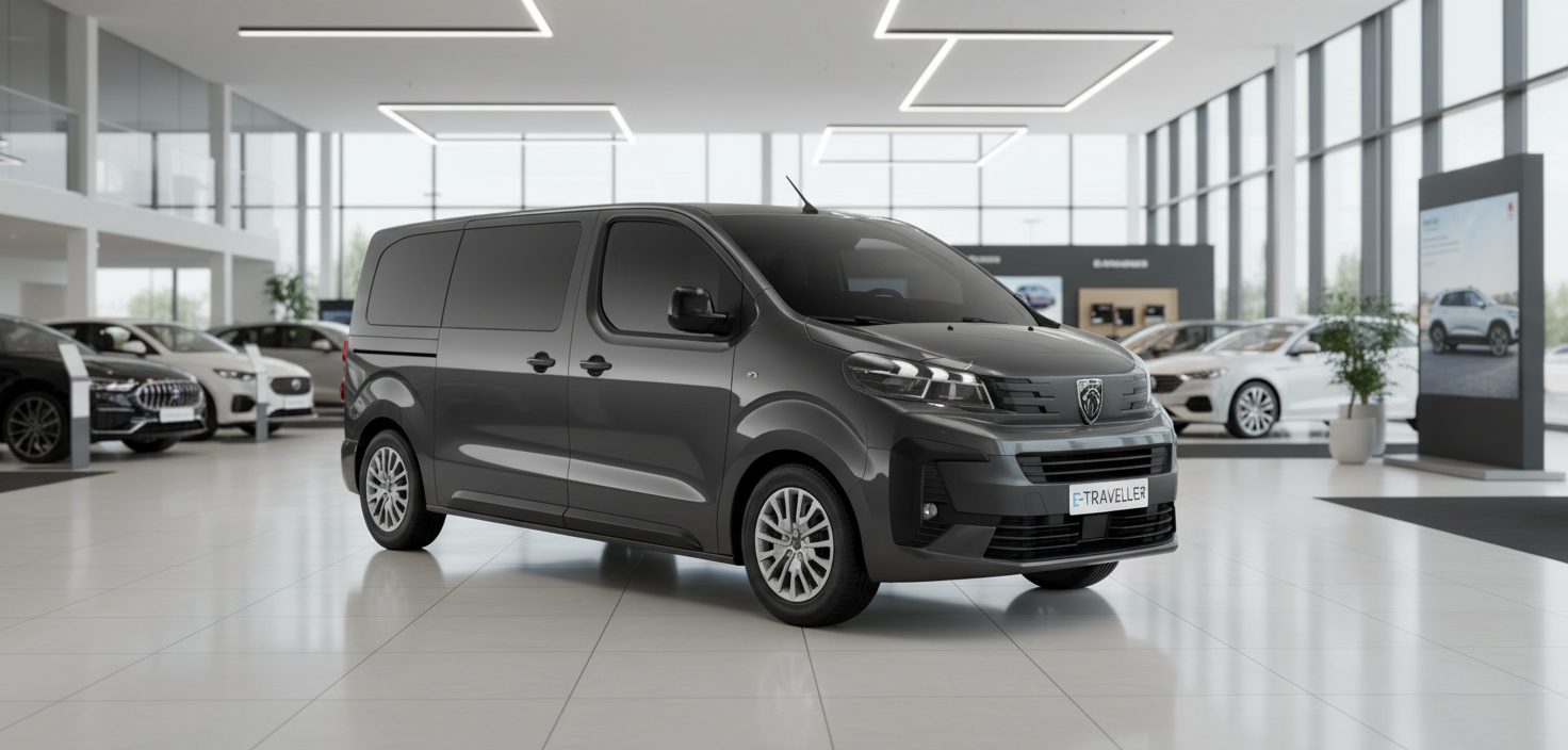 Peugeot E-Traveller Elektro-Van in Grau im Autohaus-Showroom – elektrischer Familienvan mit modernem Design und Markenlogo