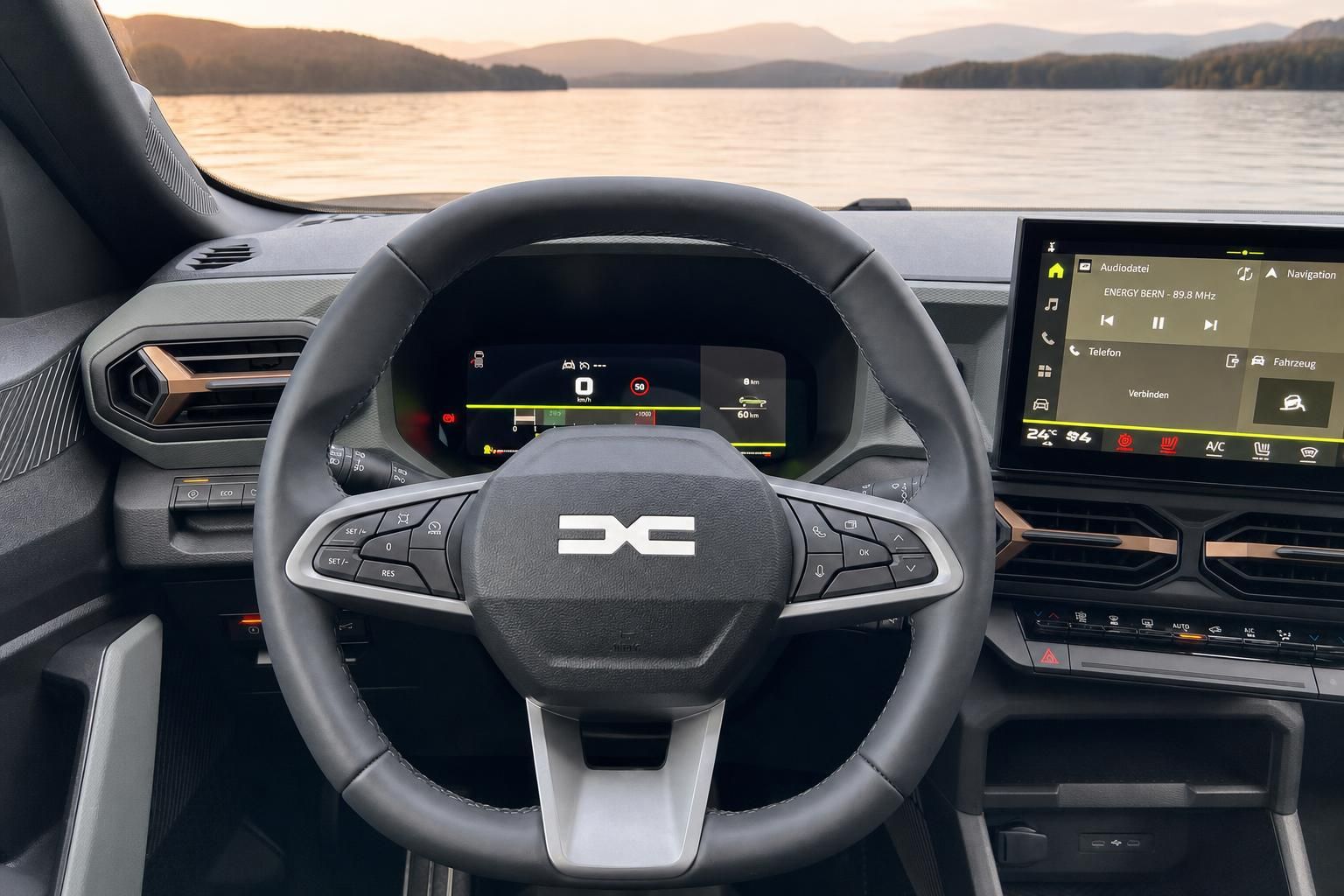 Fahrzeug Cockpit mit Lenkrad, Digitalanzeigen und Infotainment-System