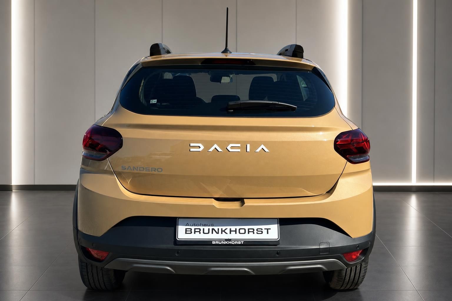 Dacia Sandero Stepway beige - Heckansicht mit DACIA-Schriftzug und Autohaus Brunkhorst Kennzeichen