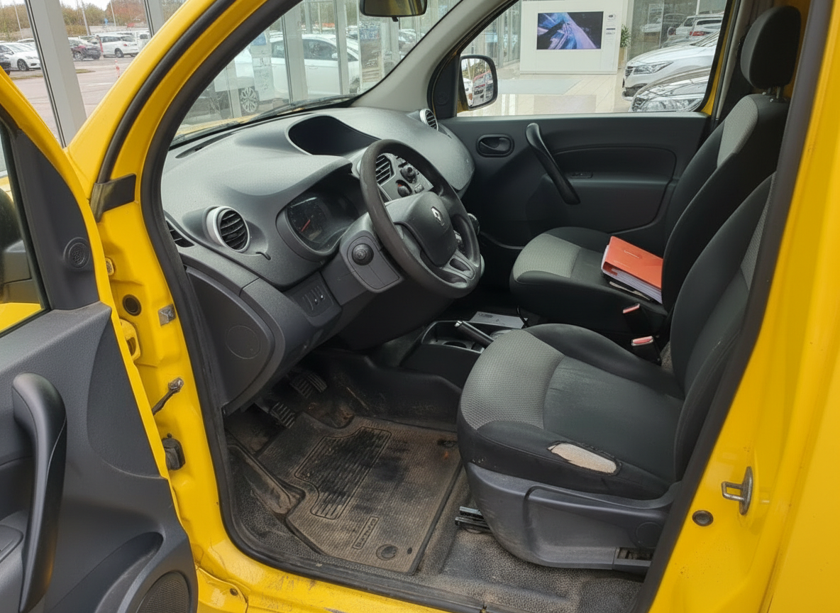 Renault Kangoo Innenraum gelb – Fahrersitz, Armaturenbrett und Lenkrad in grau