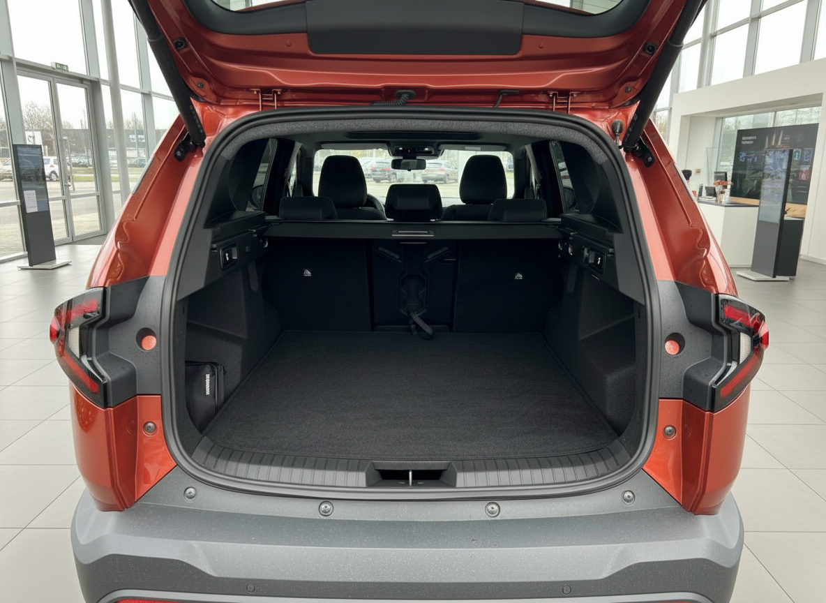 Geöffneter Kofferraum eines orangefarbenen SUV im Autohaus – geräumiger Laderaum