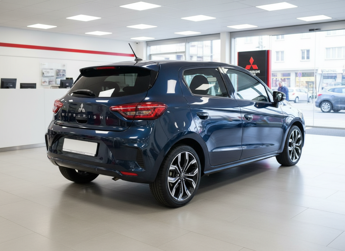 Mitsubishi Colt dunkelblau Heckansicht im Autohaus Showroom