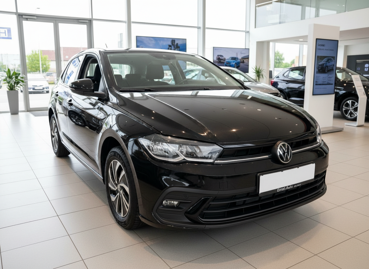 Schwarzer Volkswagen Polo Hatchback im Autohaus Showroom – Frontansicht