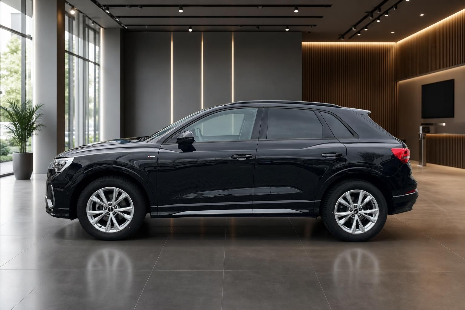 Audi Q3 schwarz Seitenansicht im modernen Autohaus