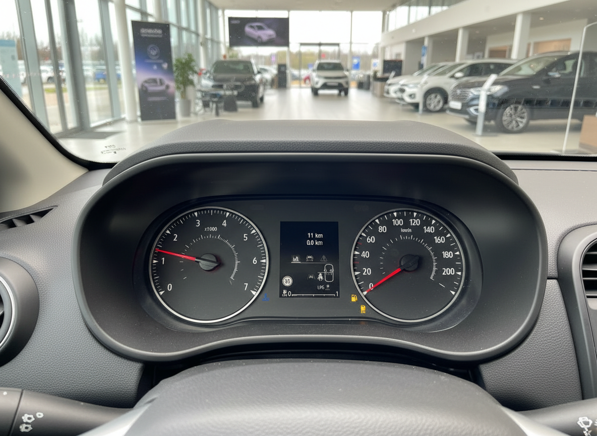 Armaturenbrett und Tacho eines Renault Fahrzeugs mit 11 km Laufleistung im Autohaus