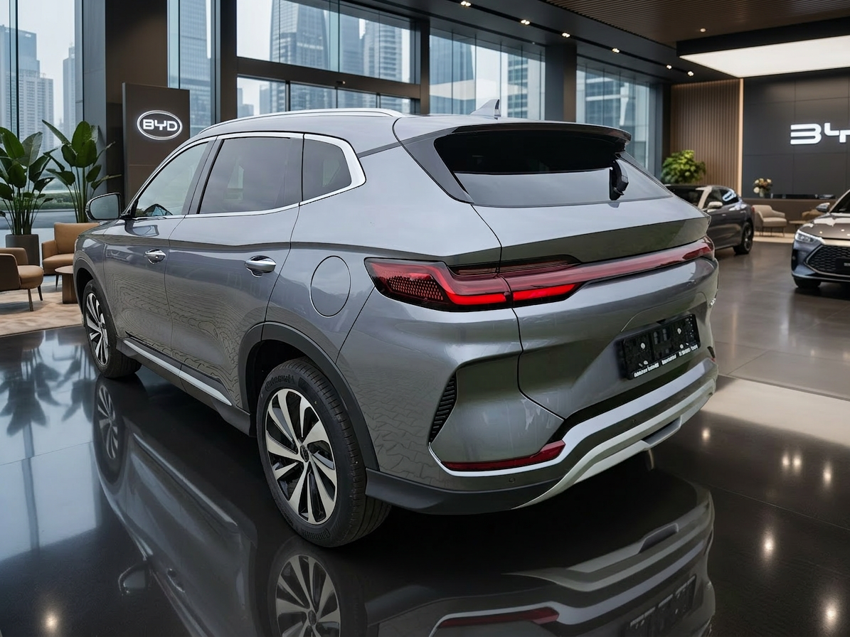 Grauer SUV Heckansicht mit durchgehendem LED-Rücklicht vor moderner Betonarchitektur