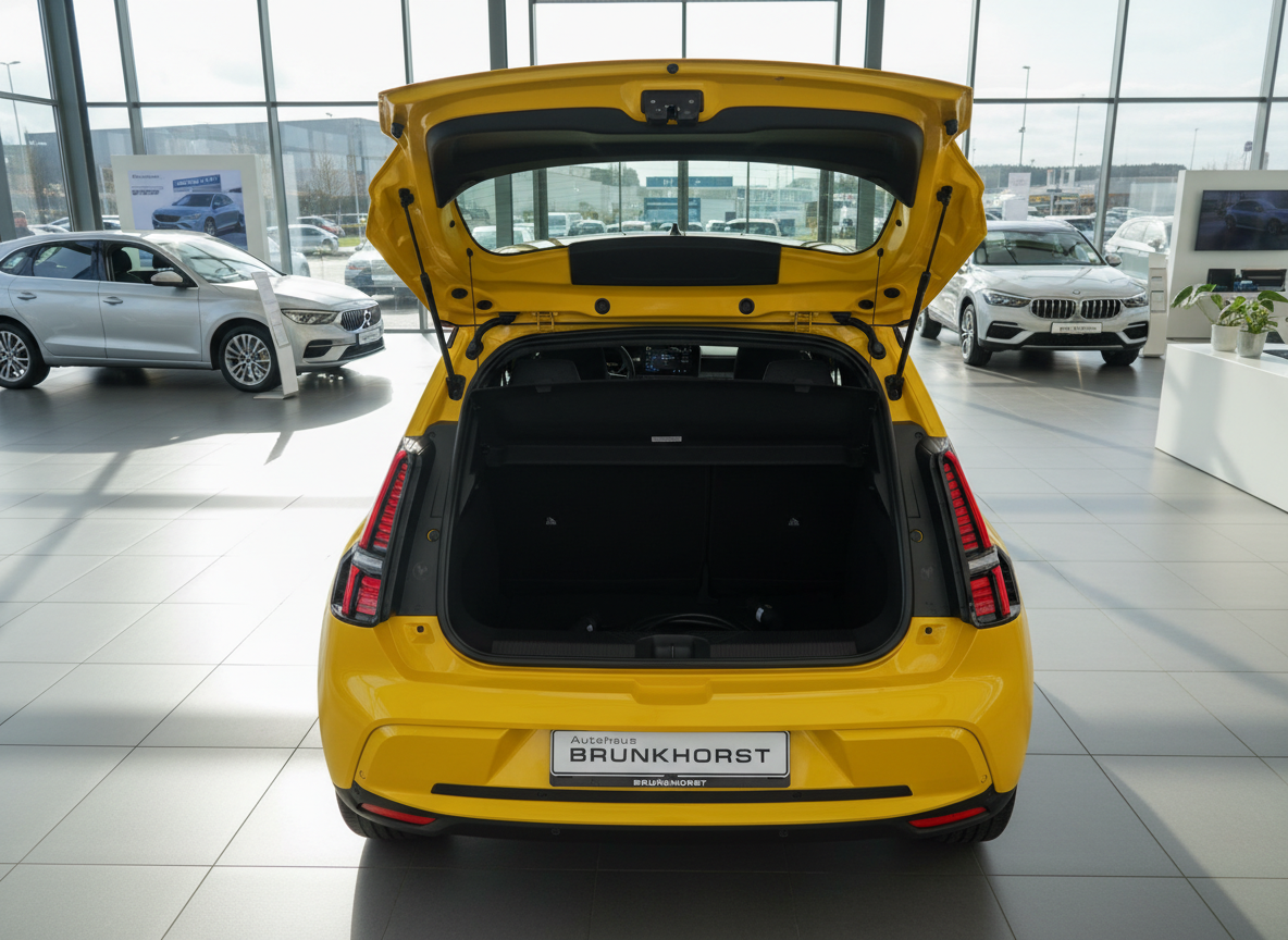 Gelber VW Golf Heckansicht mit geöffnetem Kofferraum im Autohaus Brunkhorst Showroom