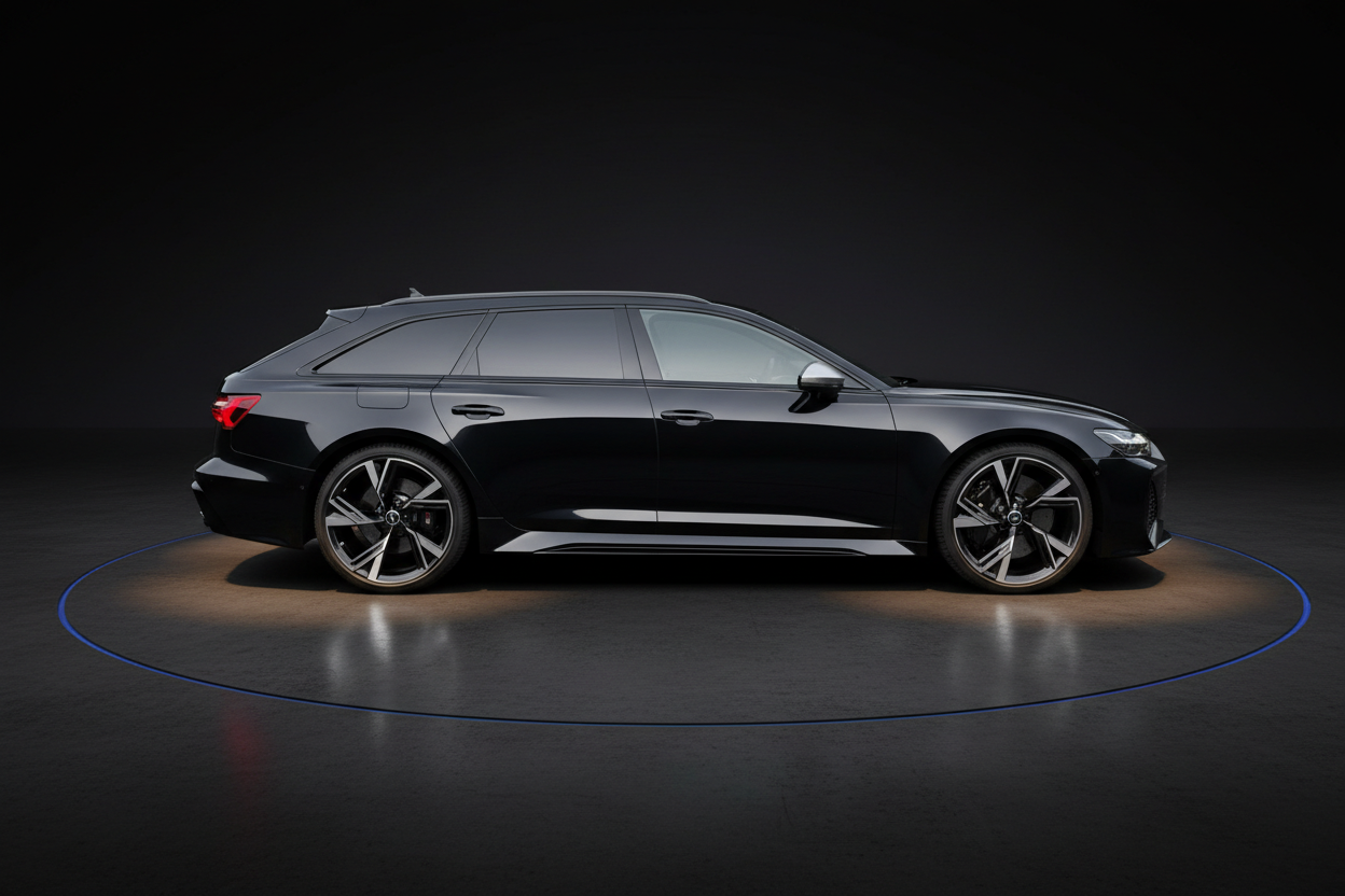 Schwarzer Audi RS6 Avant Kombi Seitenansicht im Fotostudio mit dramatischer Beleuchtung und blauen Lichtakzenten auf dunklem Hintergrund