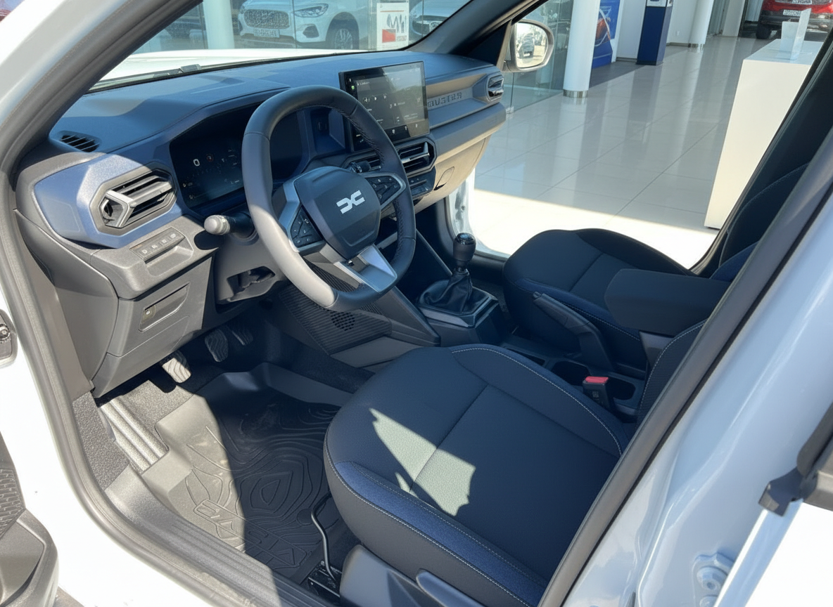Dacia Innenraum mit Lenkrad, Touchscreen und blauen Stoffsitzen – Cockpit Nahaufnahme