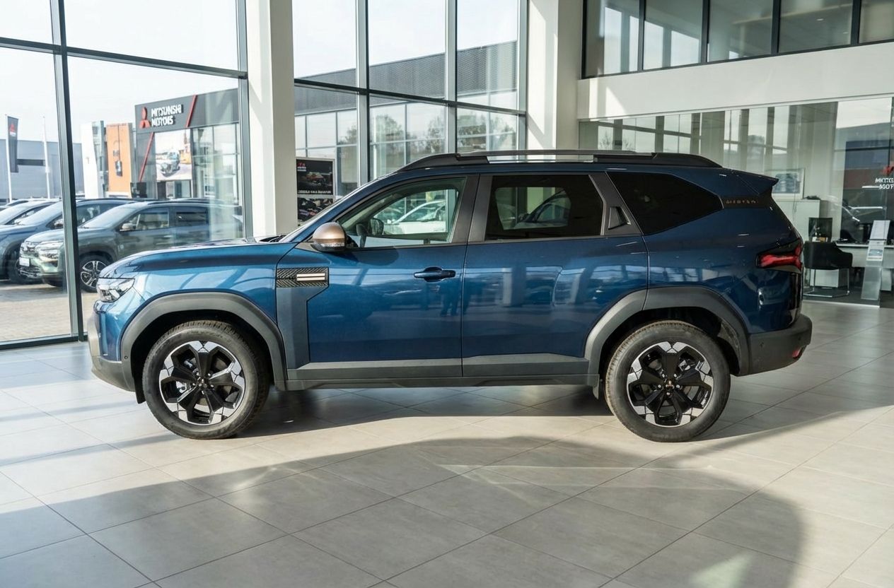 Blauer Dacia Bigster SUV in Mitsubishi Autohaus Showroom, Seitenansicht