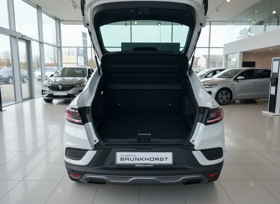 Weißer Renault SUV mit geöffnetem Kofferraum im Autohaus Brunkhorst Showroom