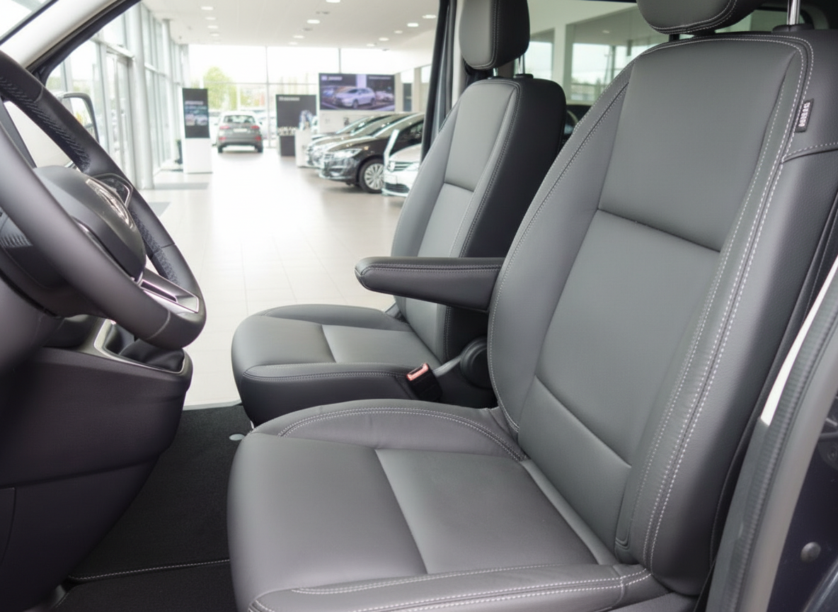 Mercedes-Benz Innenraum mit schwarzen Ledersitzen und Armaturenbrett im Autohaus