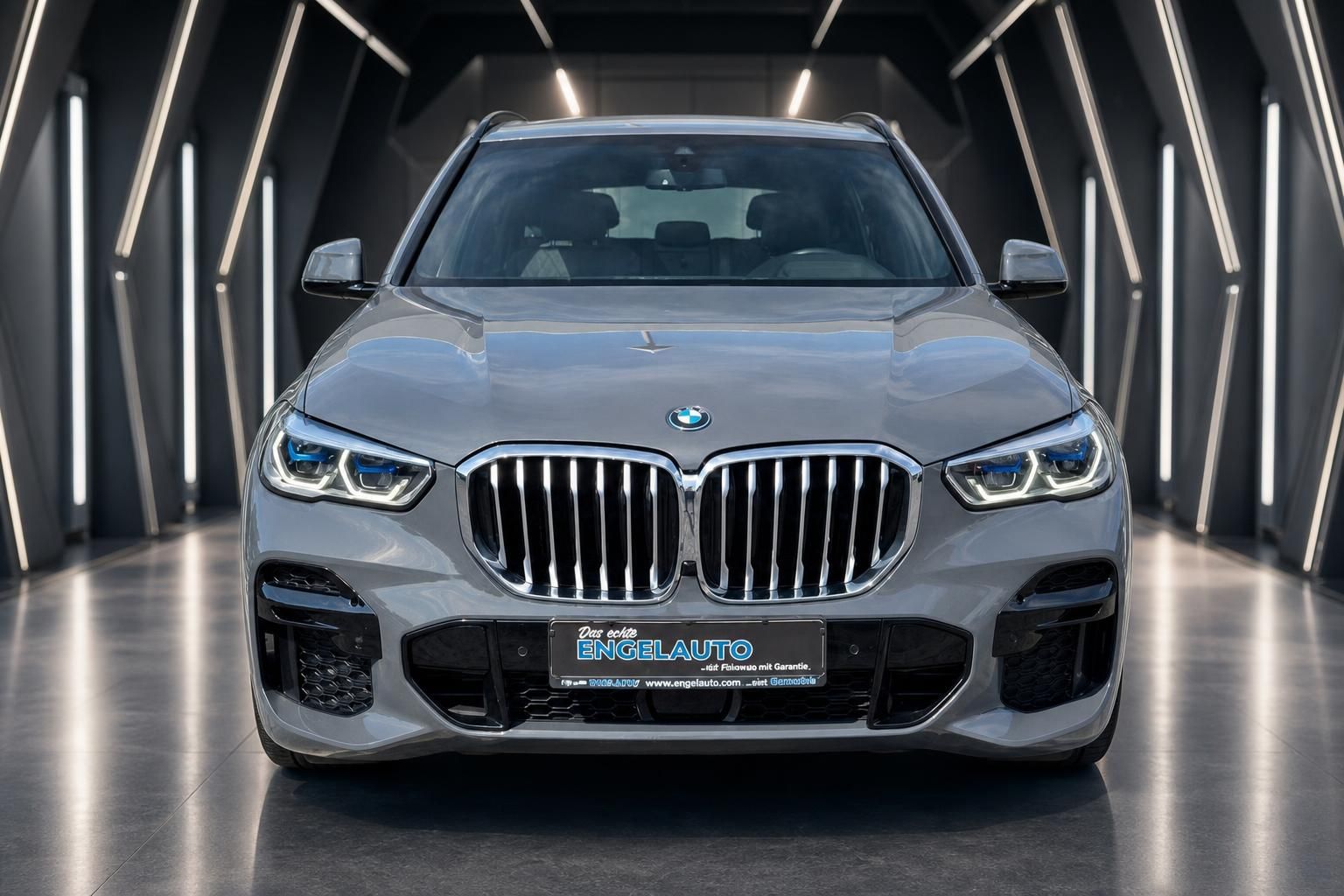 BMW X5 grau, Frontansicht mit Kühlergrill und LED-Scheinwerfern