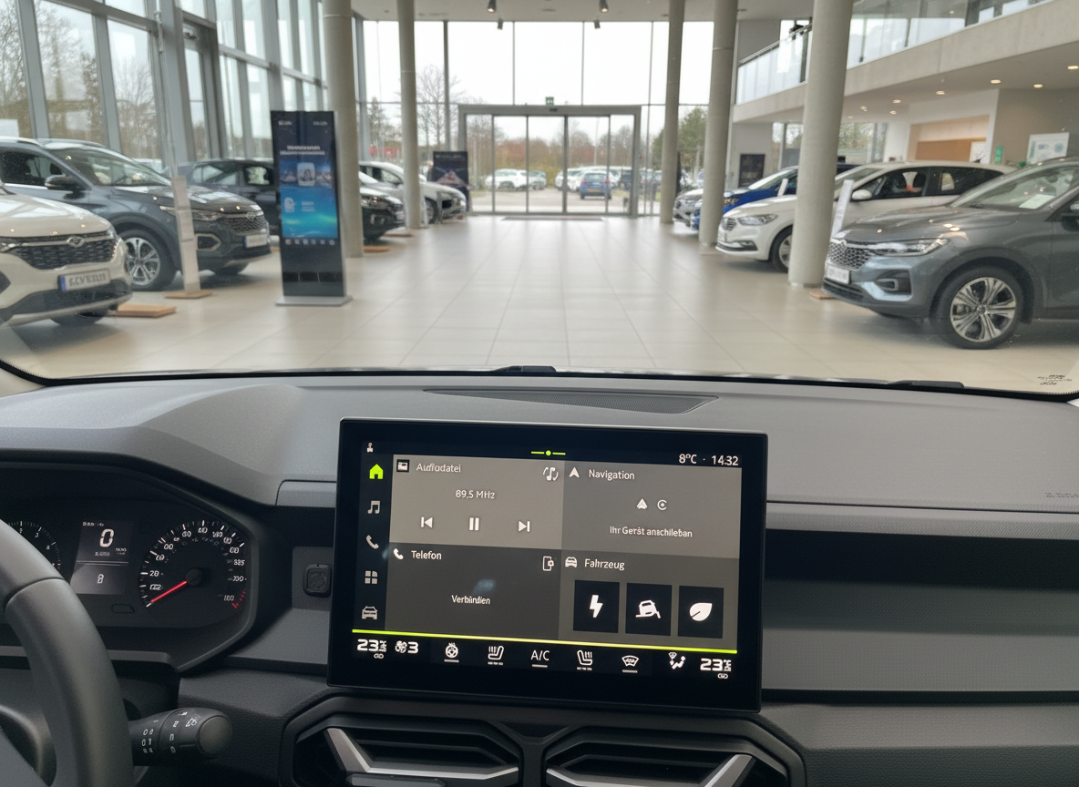 Volkswagen Innenraum mit Infotainment-Display im Autohaus-Showroom