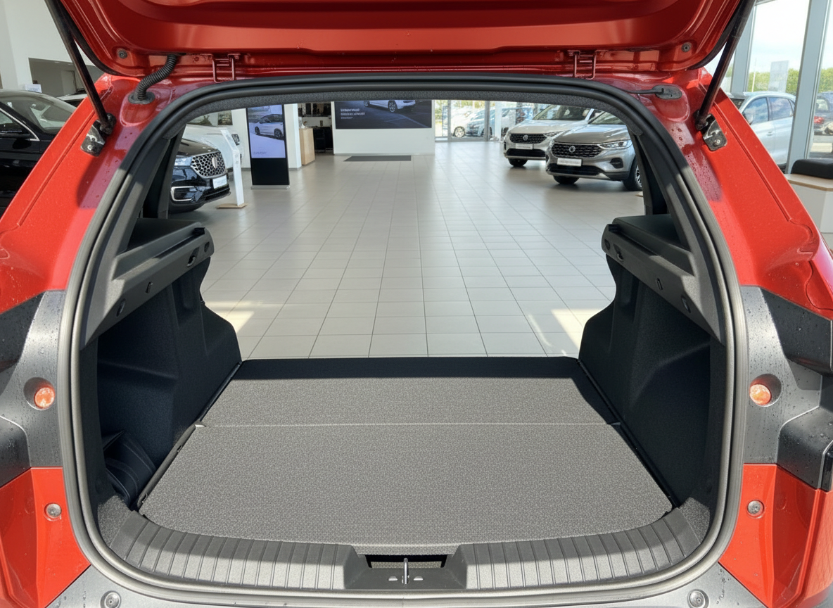 Roter MG Kompakt-SUV offener Kofferraum Innenansicht im Autohaus Showroom