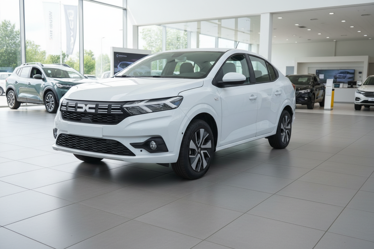 Dacia Logan Limousine in Weiß im Autohaus Showroom – Frontansicht