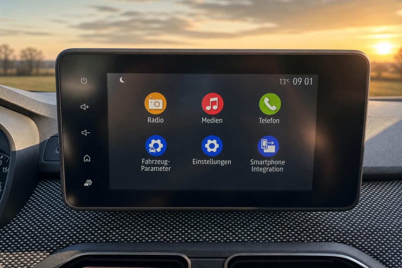 Touchscreen Infotainment-Display mit Menü und Fahrzeugfunktionen