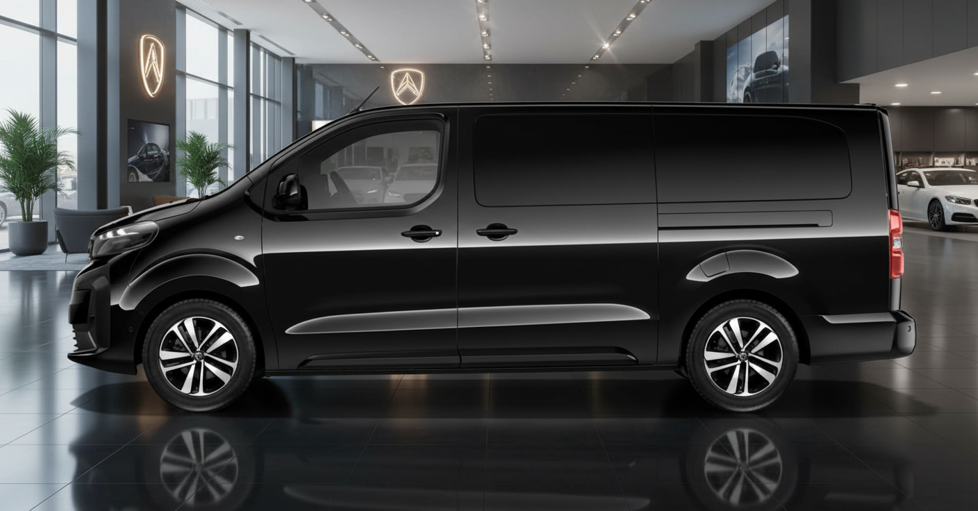Schwarzer Citroën Transporter Seitenansicht im modernen Autohaus Showroom mit glänzendem Boden und Citroën Logo im Hintergrund