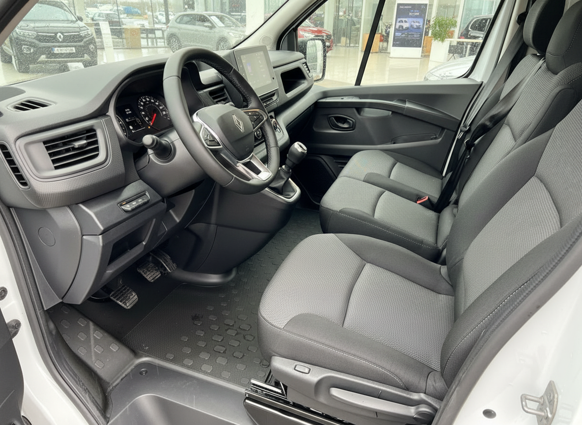 Renault Trafic Innenraum – Fahrersitz, Lenkrad und Cockpit in grau