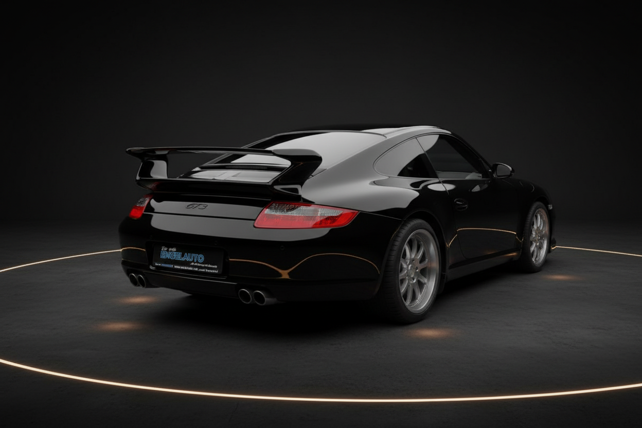 Schwarzer Porsche 911 GT3 997 Heckansicht im Fotostudio mit großem Heckspoiler