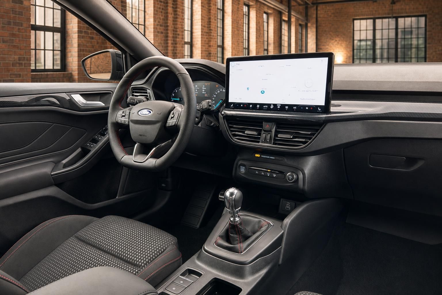 Ford Fahrerraum mit Navigationssystem und Schalthebel im Detail