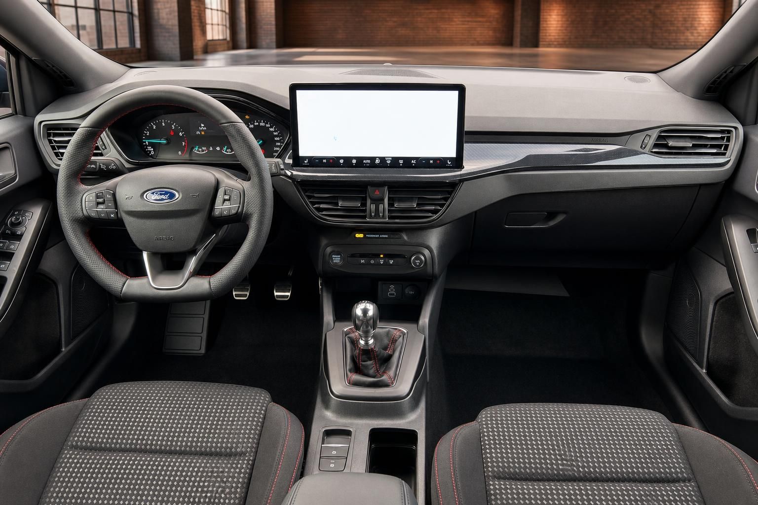 Ford Cockpit mit Lenkrad, Schaltgetriebe und Touchscreen Display