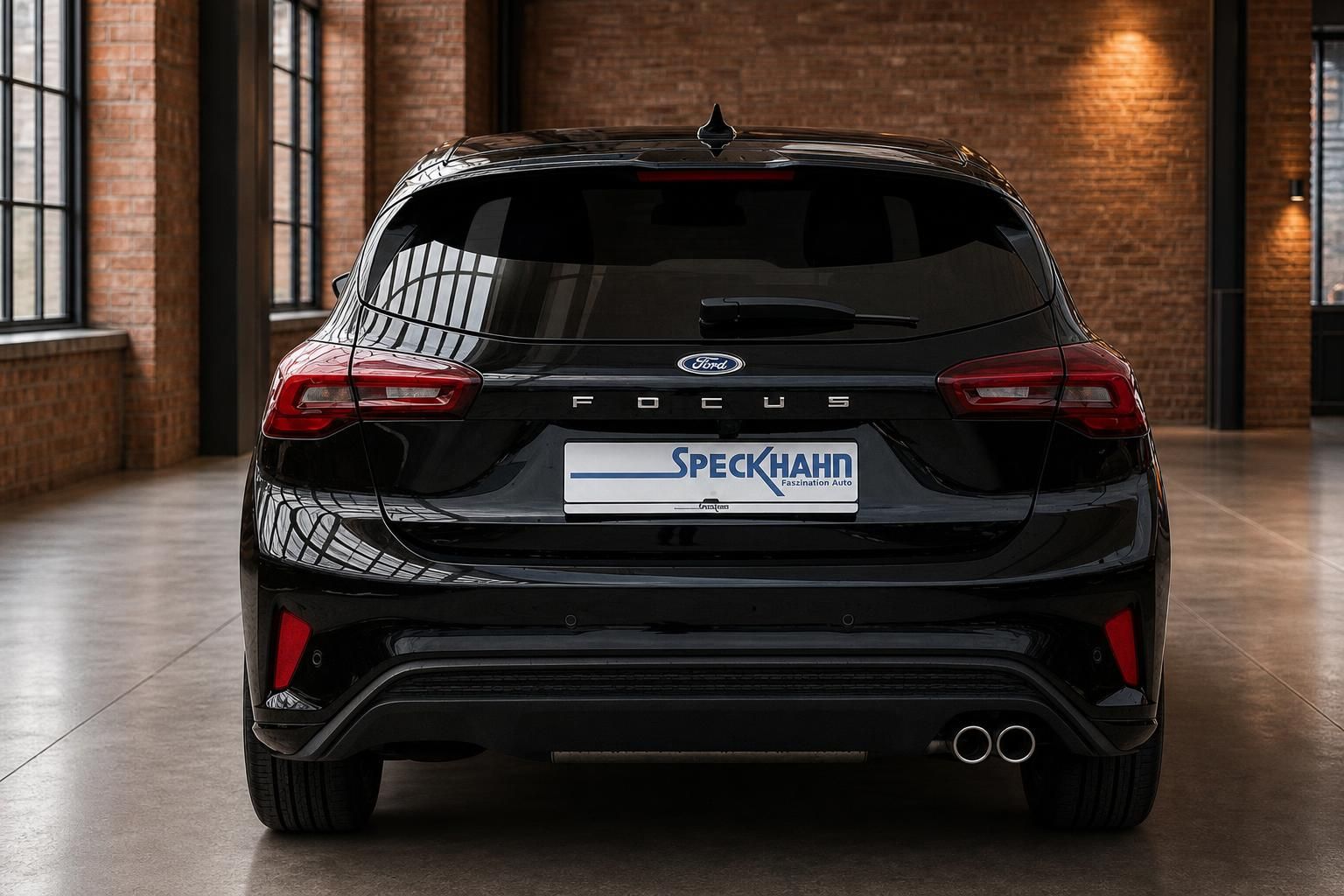 Ford Focus schwarz, Heckansicht mit Doppelauspuff im Autohaus