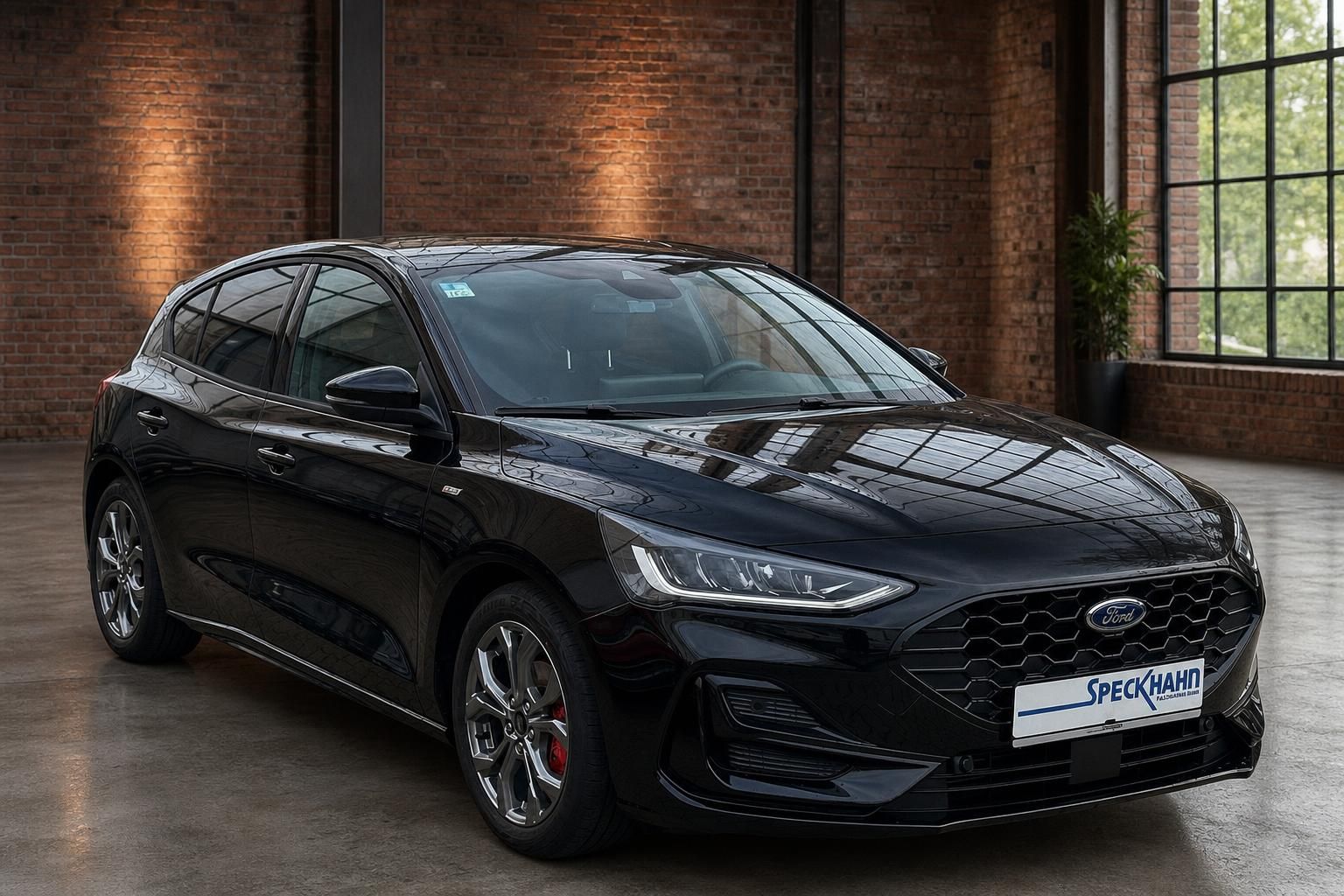 Ford Focus schwarz, Frontansicht schraeg mit LED-Scheinwerfern