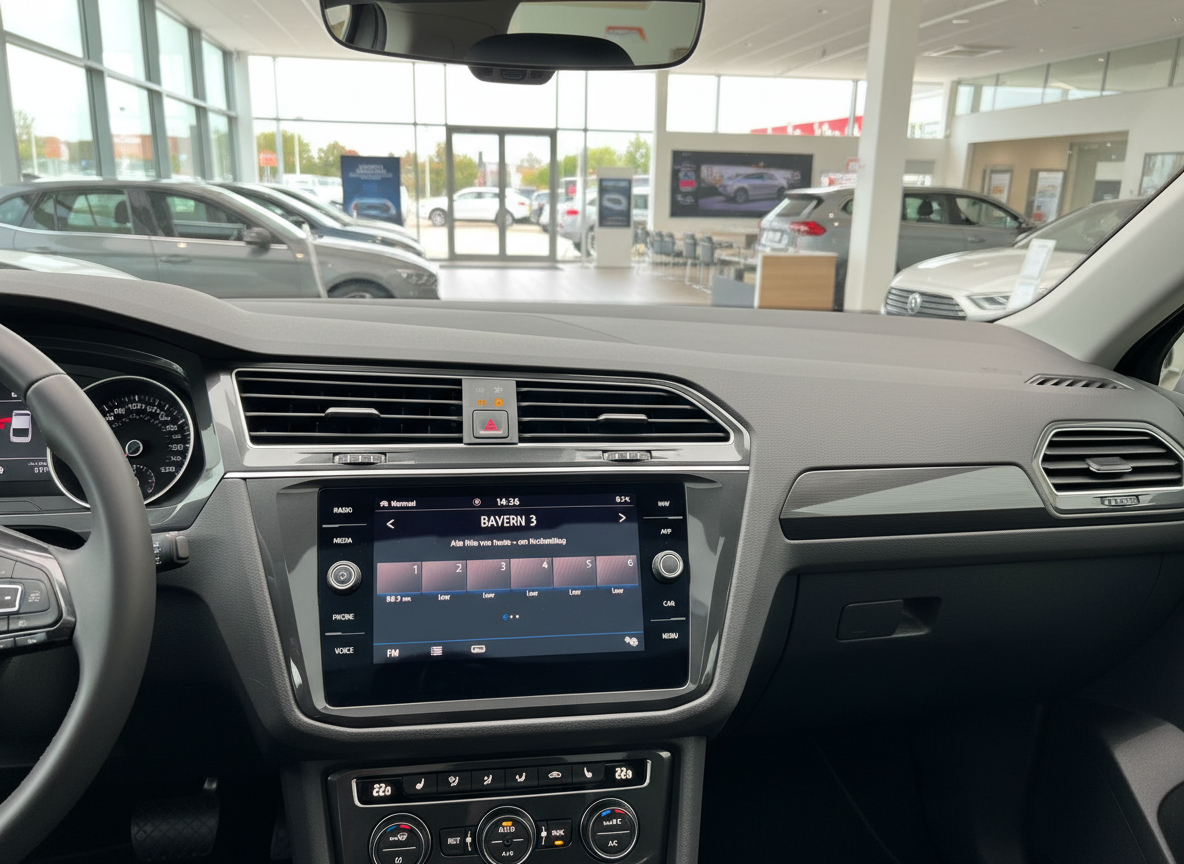 VW Tiguan Innenraum mit Infotainment-Display Bayern 3 Radio im Autohaus