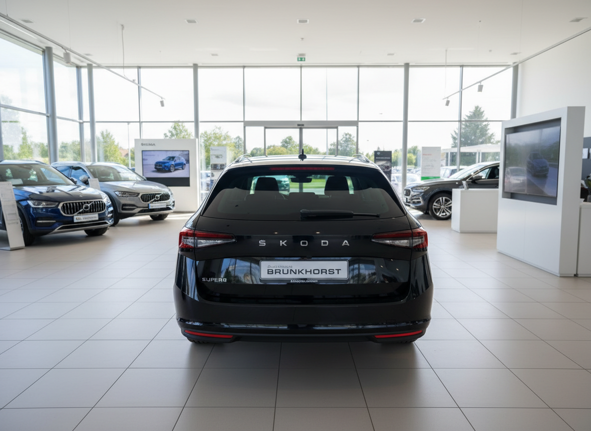 Schwarzer Škoda Superb Combi Heckansicht im Autohaus Brunkhorst Showroom