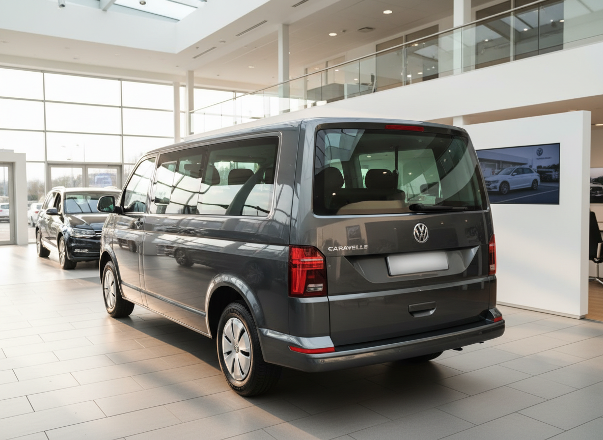 Volkswagen Caravelle T6 in Grau – Heckansicht im VW Autohaus Showroom