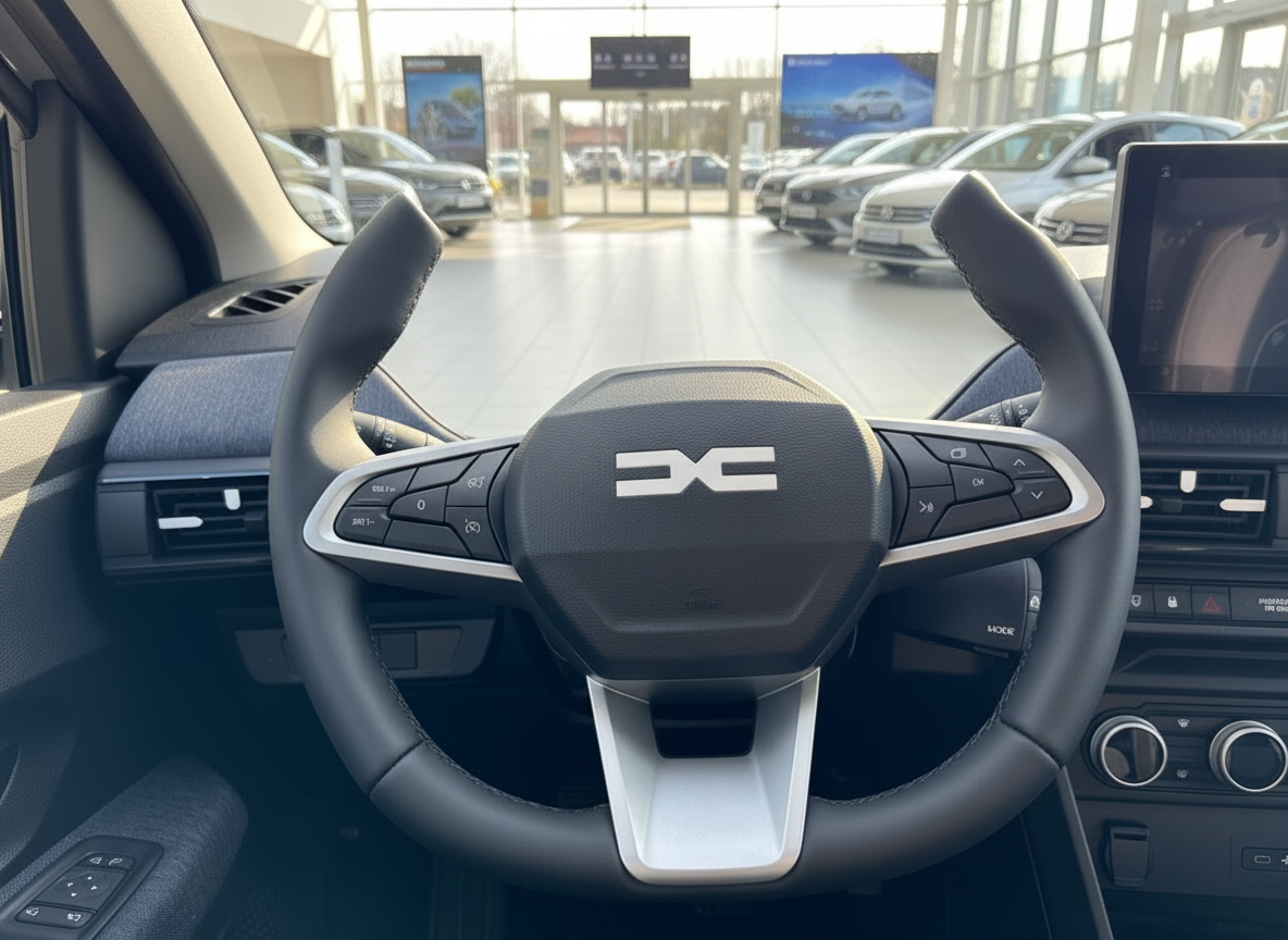 Dacia Innenraum mit modernem Lenkrad und Infotainment-Display im Autohaus